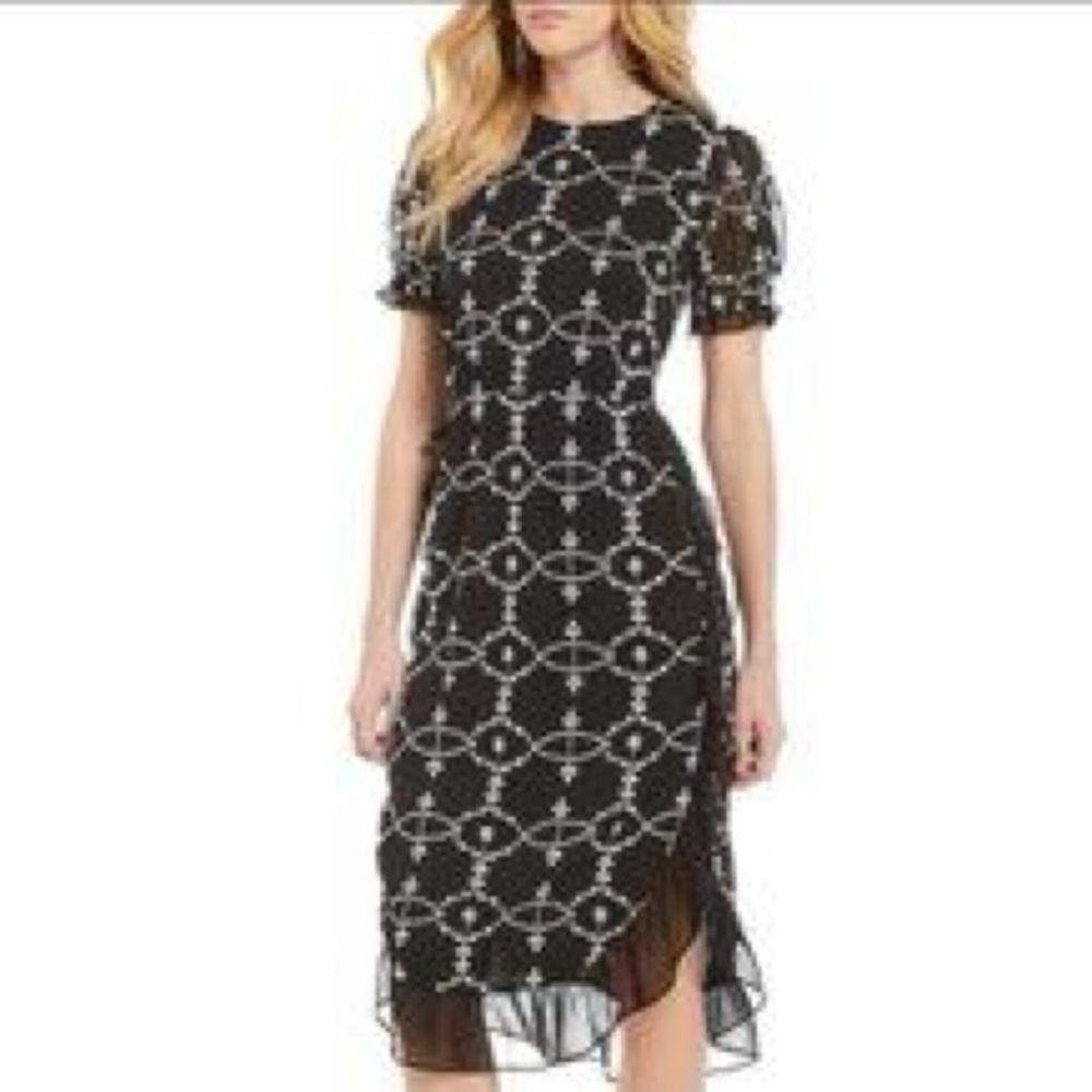 CeCe Black and White Patterned Midi Dress